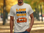 T-shirt graphic: orange text "LOW POWER MODE DO NOT DISTURB" over a dog napping on an orange couch.