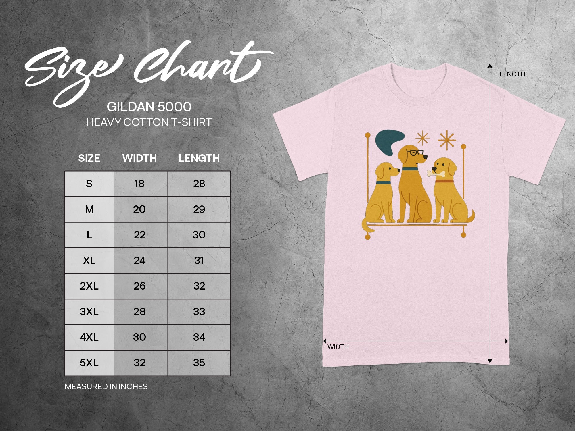 Gildan 5000 Heavy Cotton T-Shirt size chart with width and length measurements in inches.