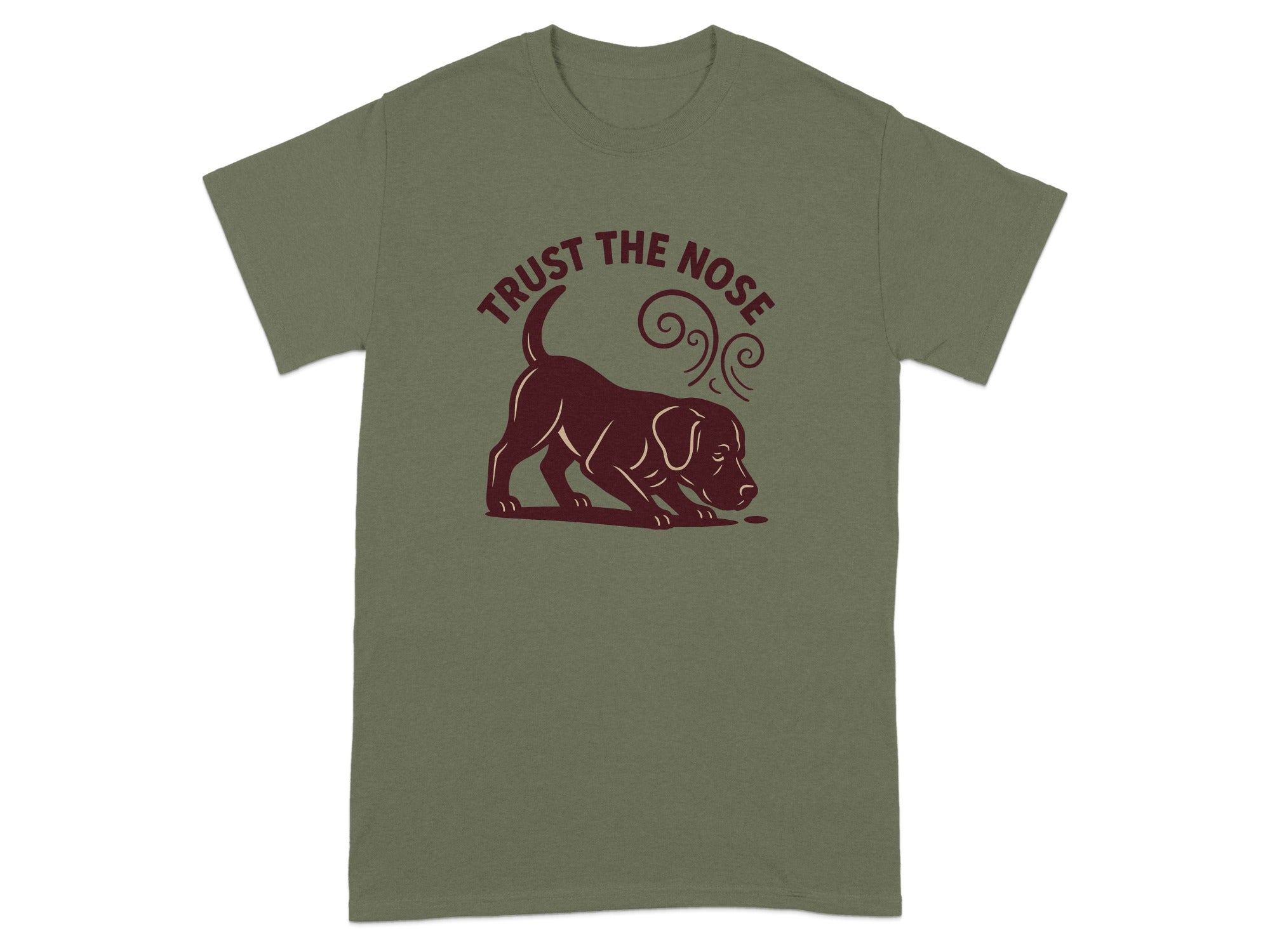 T-shirt with a dark red graphic of a dog sniffing and the text "TRUST THE NOSE".