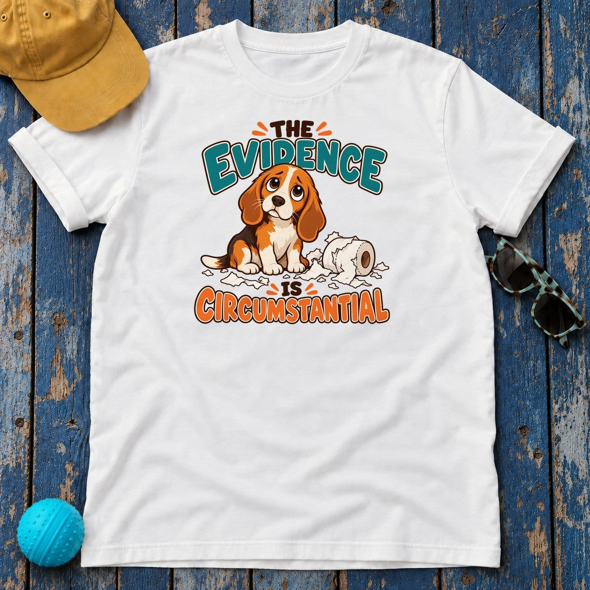The Evidence Is Circumstantial Beagle T-Shirt in White - flat lay