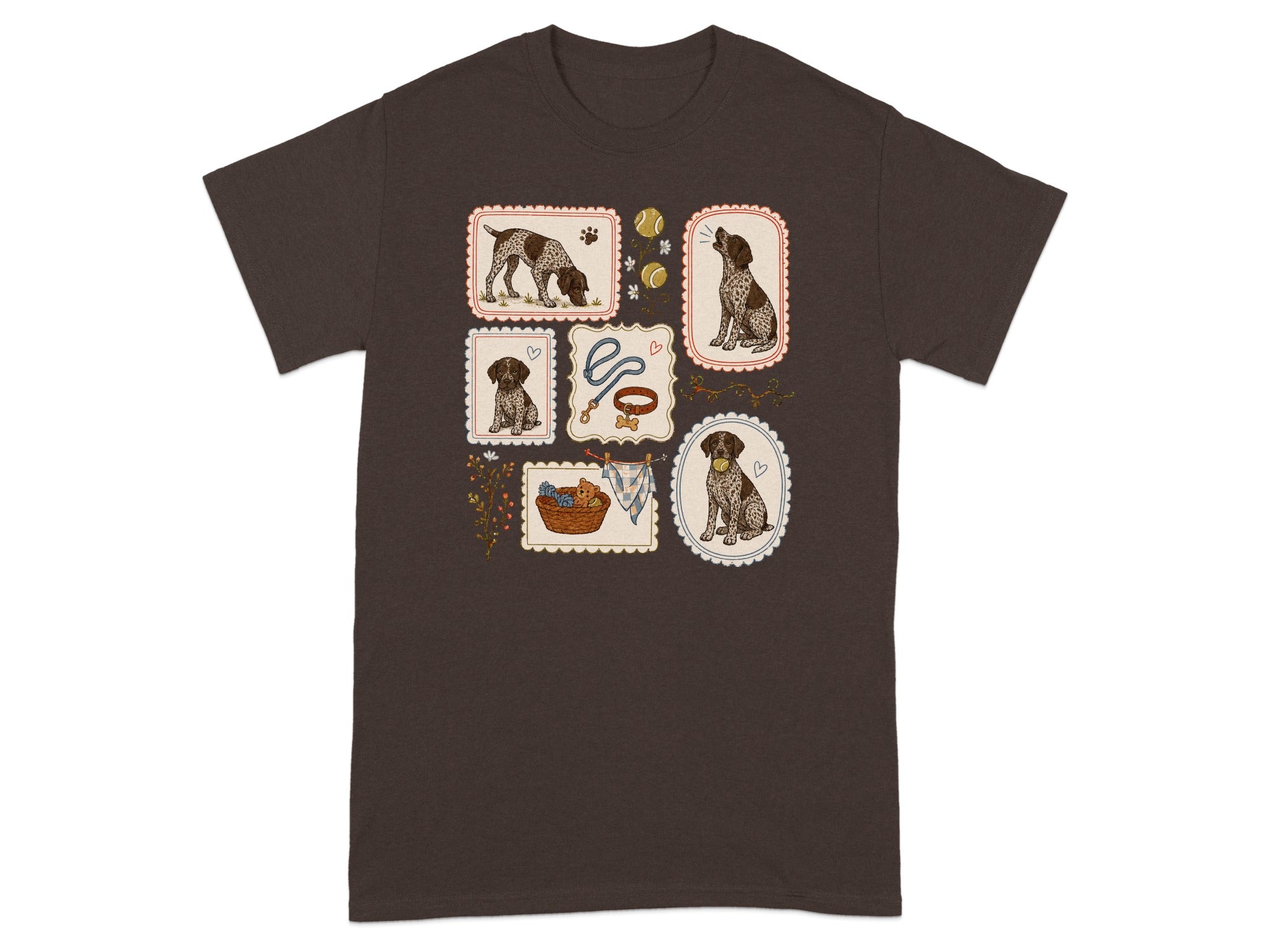 T-shirt featuring framed illustrations of German Shorthaired Pointers and dog-related items.