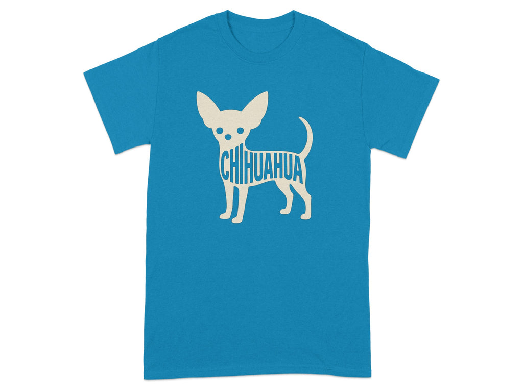 Cyan t-shirt with a cream-colored chihuahua shape filled with the word "Chihuahua".