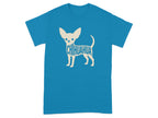 Cyan t-shirt with a cream-colored chihuahua shape filled with the word "Chihuahua".