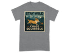 Grey t-shirt with a graphic of a corgi chasing a squirrel in a mountain forest scene.