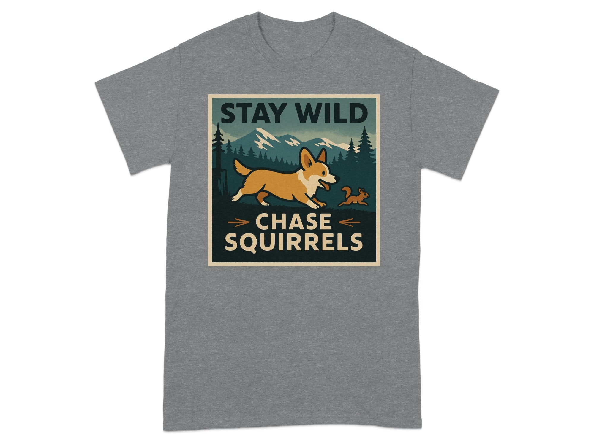Grey t-shirt with a graphic of a corgi chasing a squirrel in a mountain forest scene.