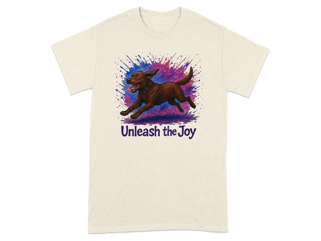 Brown Labrador running with energetic paint splatters and text "Unleash the Joy".
