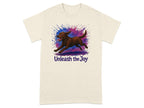 Brown Labrador running with energetic paint splatters and text "Unleash the Joy".