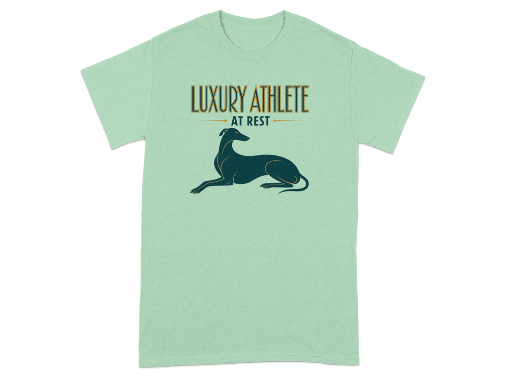 Light mint t-shirt with a greyhound and "LUXURY ATHLETE AT REST" text.