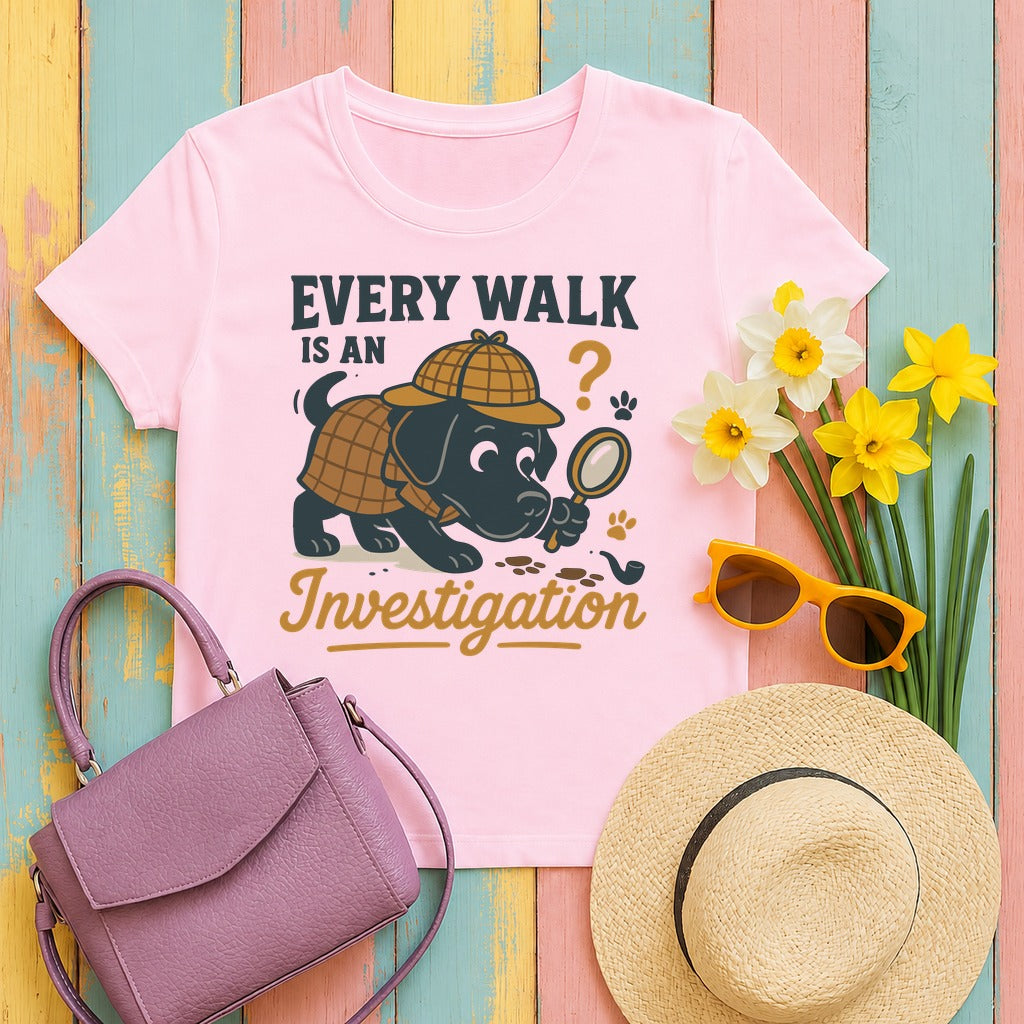 Black Lab "Every Walk is an Investigation" Cartoon T-shirt in Light Pink