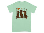 Three brown dogs sit on a shelf with abstract mid-century modern design elements.