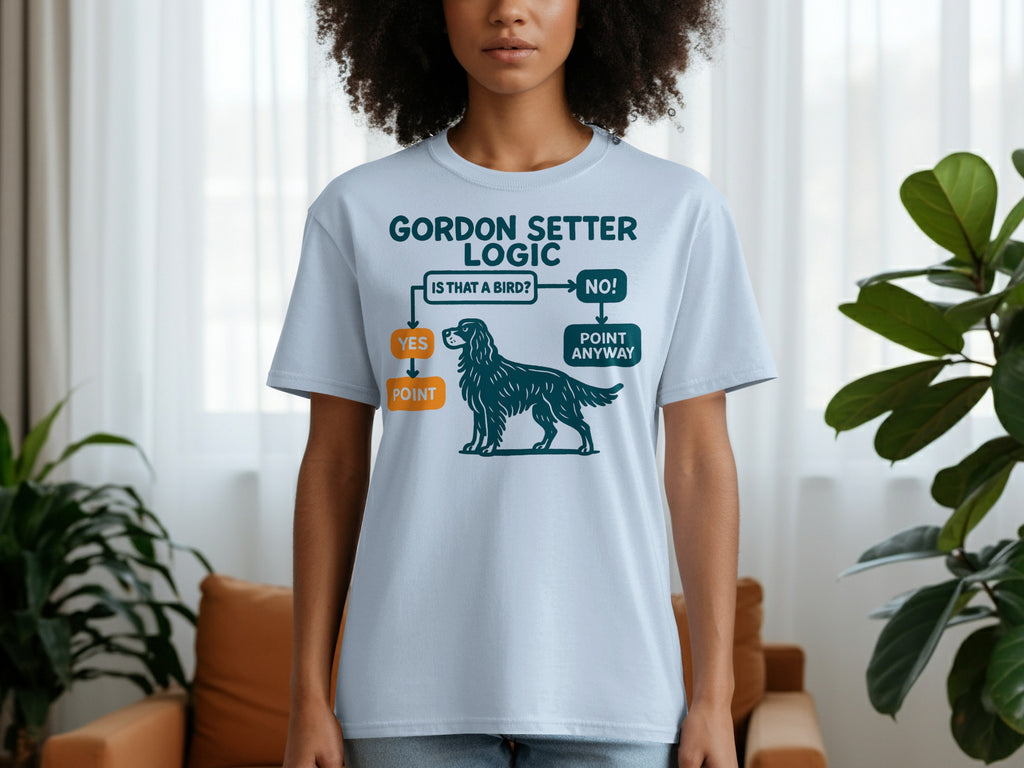 Light blue t-shirt with "Gordon Setter Logic" and a flowchart about pointing.