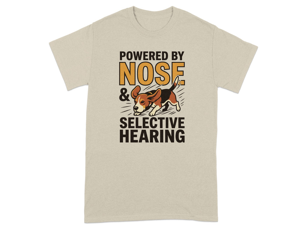 Beagle on beige t-shirt with "Powered by Nose & Selective Hearing" text.