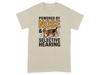 Beagle on beige t-shirt with "Powered by Nose & Selective Hearing" text.