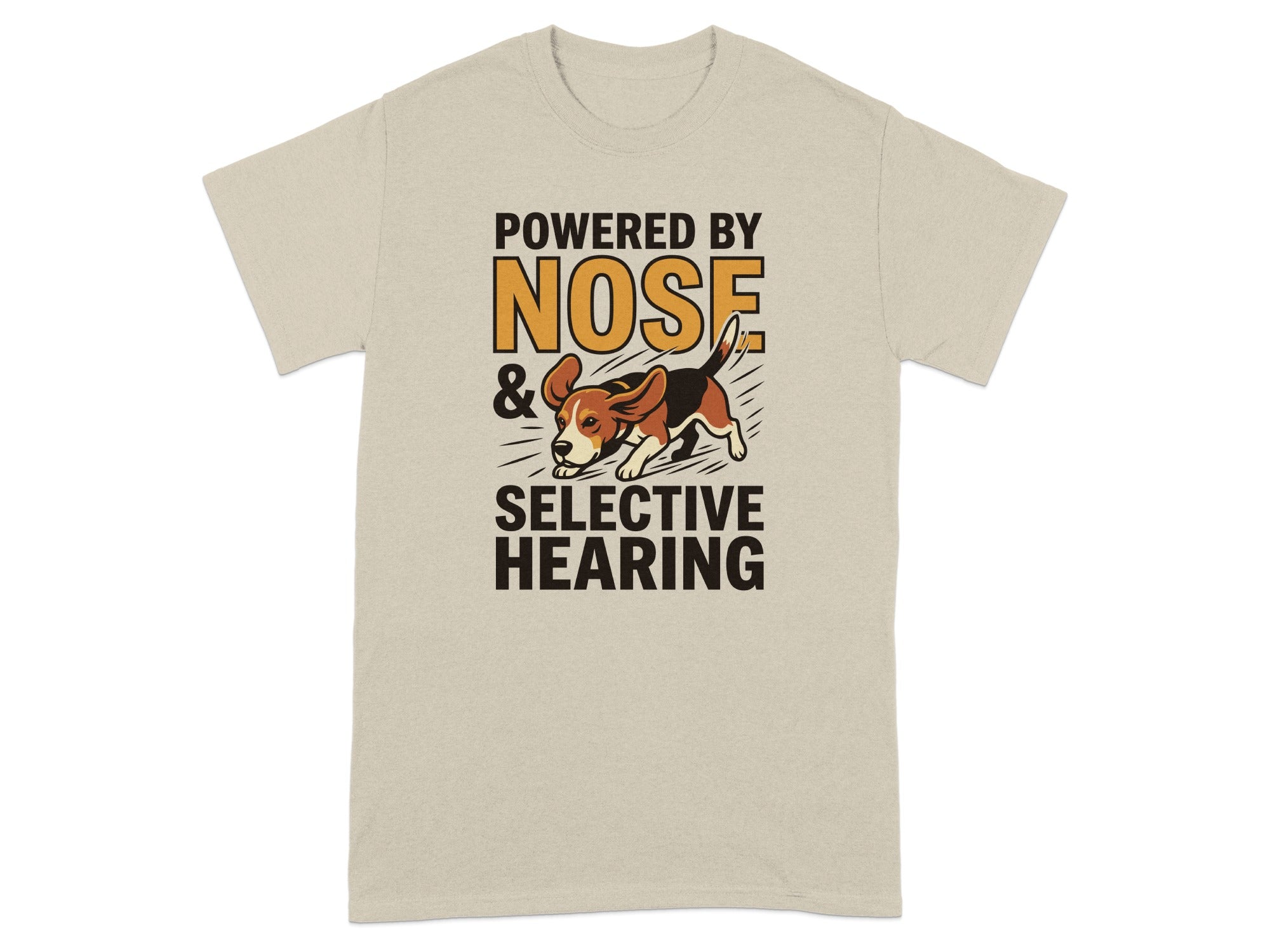 Beagle on beige t-shirt with "Powered by Nose & Selective Hearing" text.