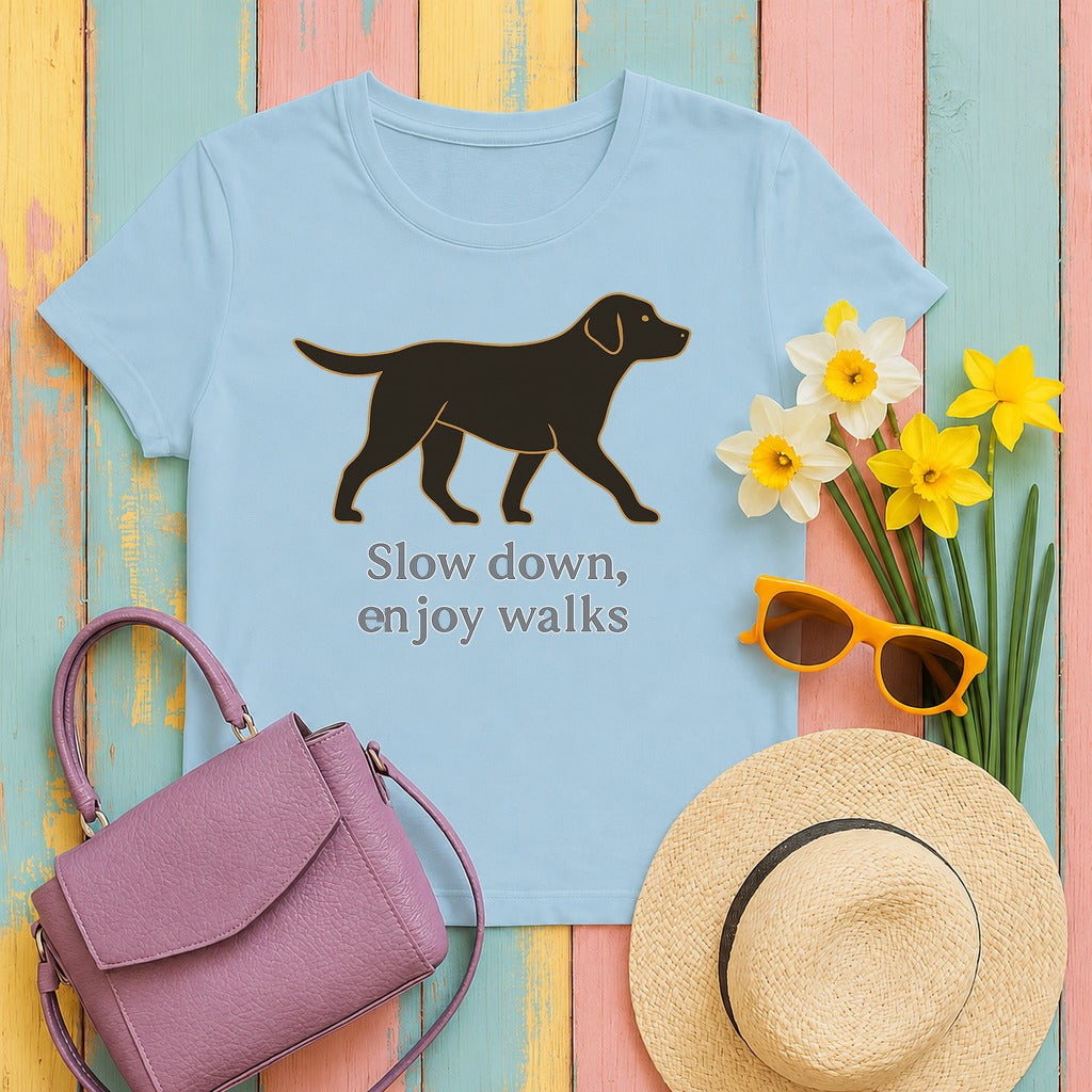 Black Lab Slow Down Enjoy Walks T-shirt in Light Blue