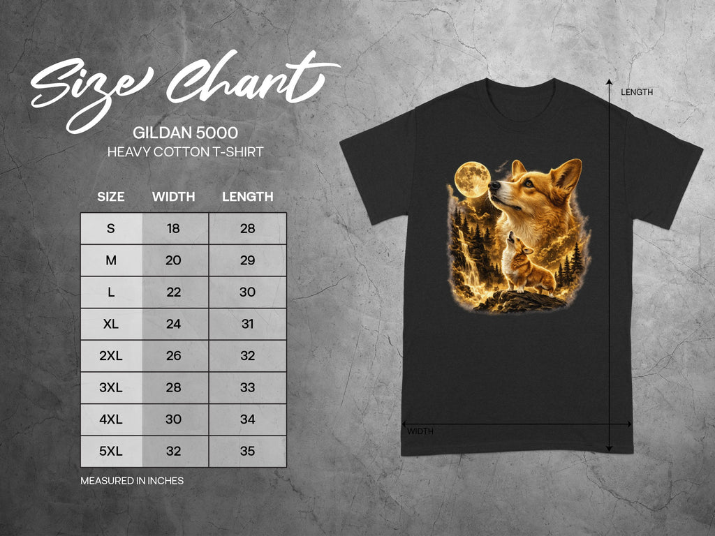 Gildan 5000 t-shirt size chart with corgi graphic and measurements in inches.