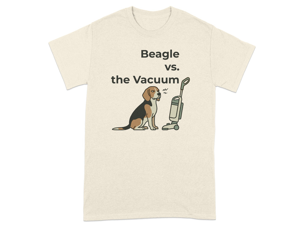 Beagle sitting near a vacuum cleaner with text "Beagle vs. the Vacuum".