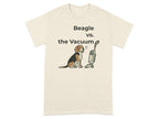 Beagle sitting near a vacuum cleaner with text "Beagle vs. the Vacuum".