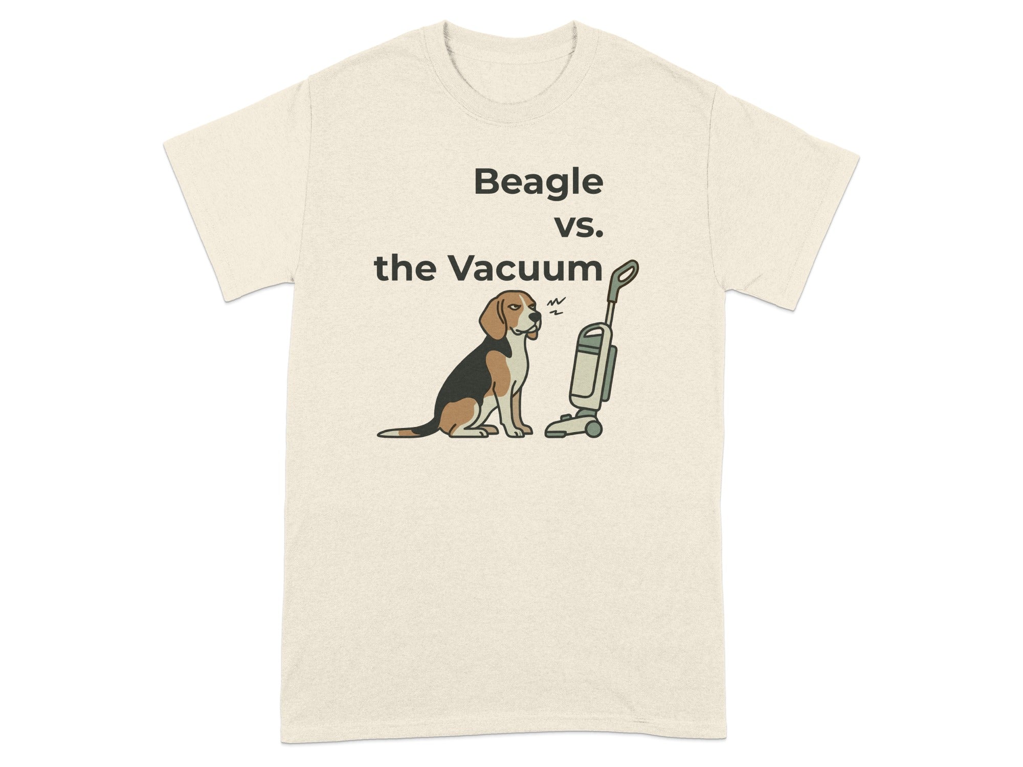 Beagle sitting near a vacuum cleaner with text "Beagle vs. the Vacuum".