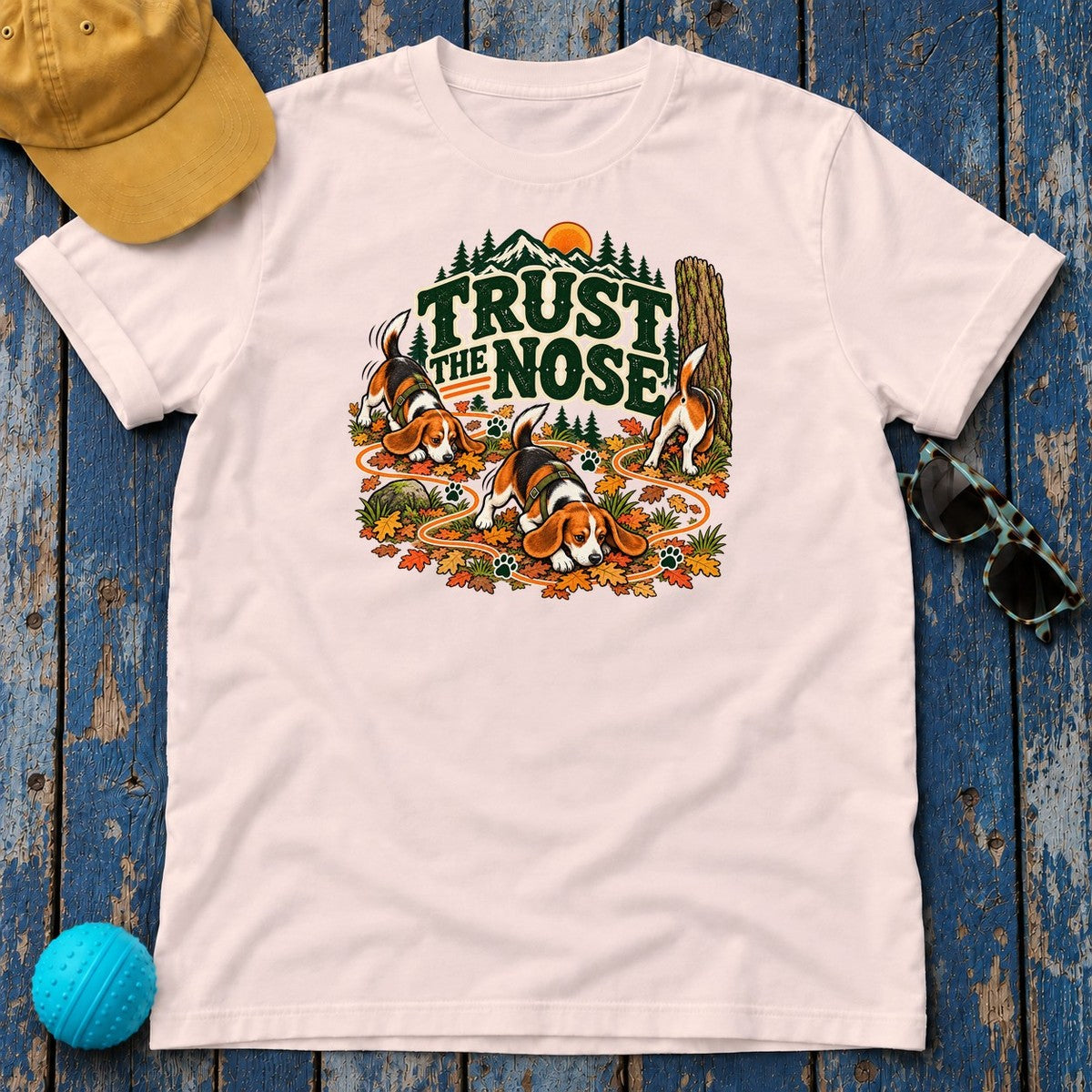 Trust the Nose Beagle Trail T-Shirt in Soft Pink - flat lay