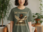 Dachshund riding a goose with text "Off to commit Shenanigans"