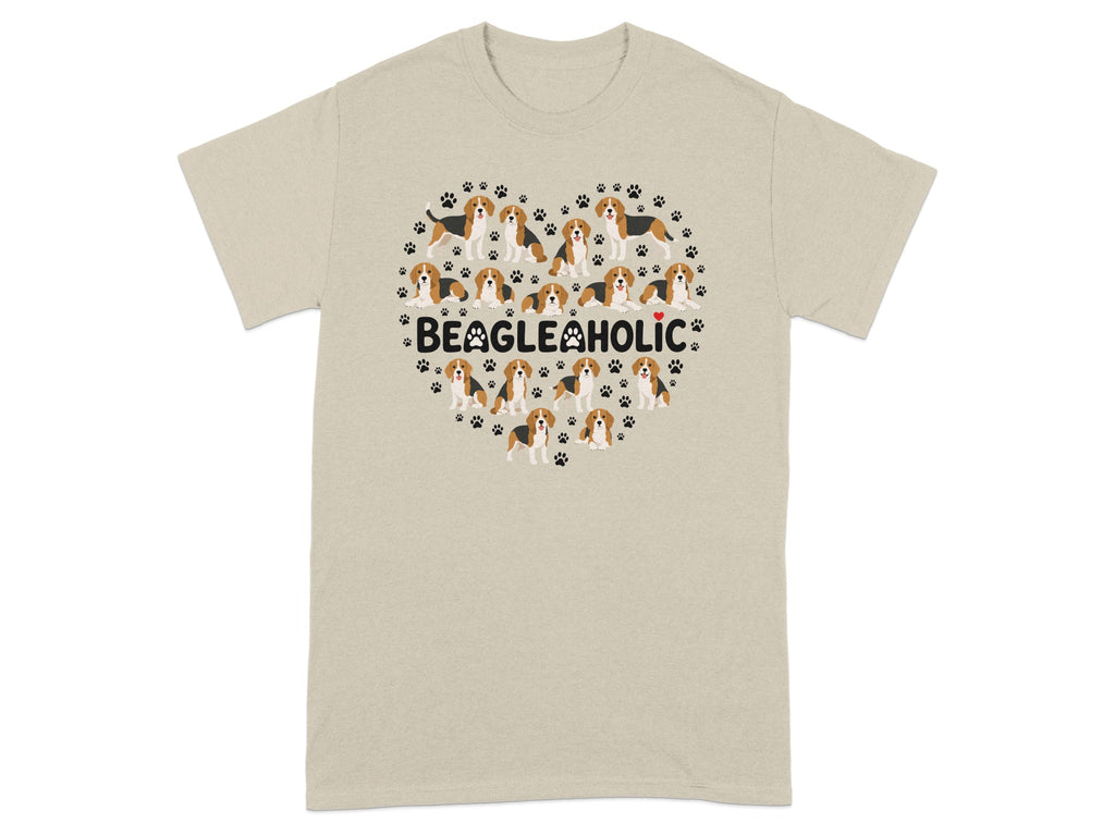 Beagleholic text inside heart shape with beagles and paw prints.