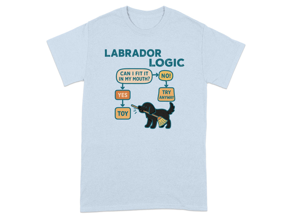 Light blue t-shirt with Labrador Logic flowchart for dogs.