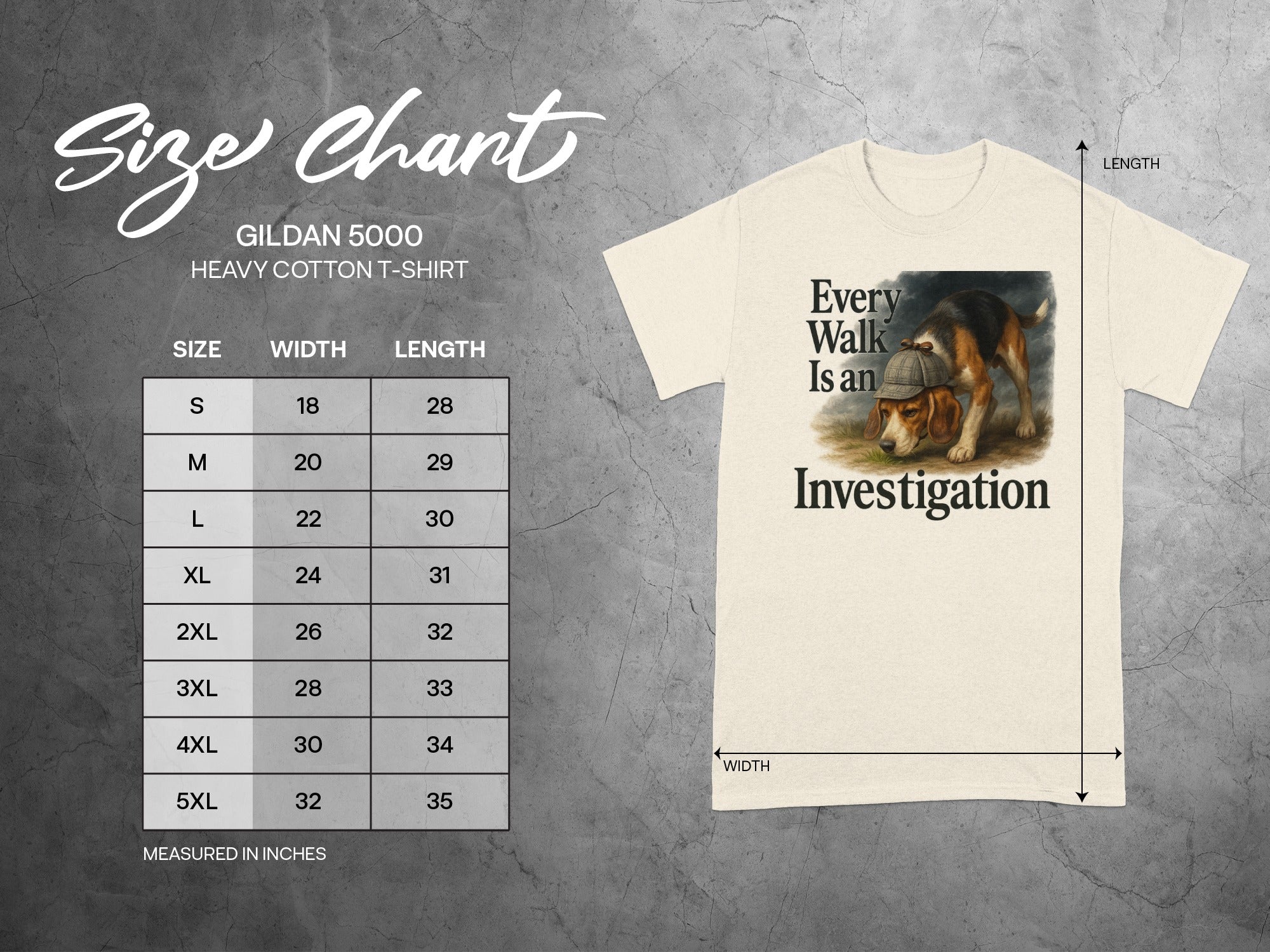 Size chart for Gildan 5000 heavy cotton t-shirt with beagle graphic.