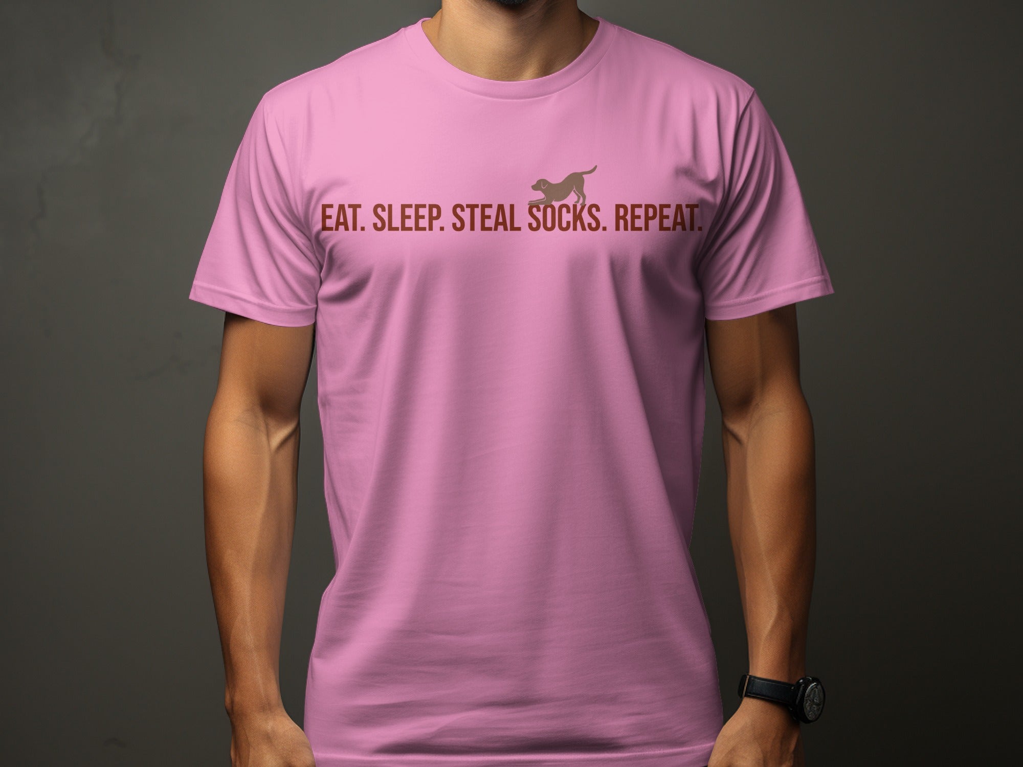 Pink t-shirt with "Eat. Sleep. Steal. Socks. Repeat." text and a dog silhouette.