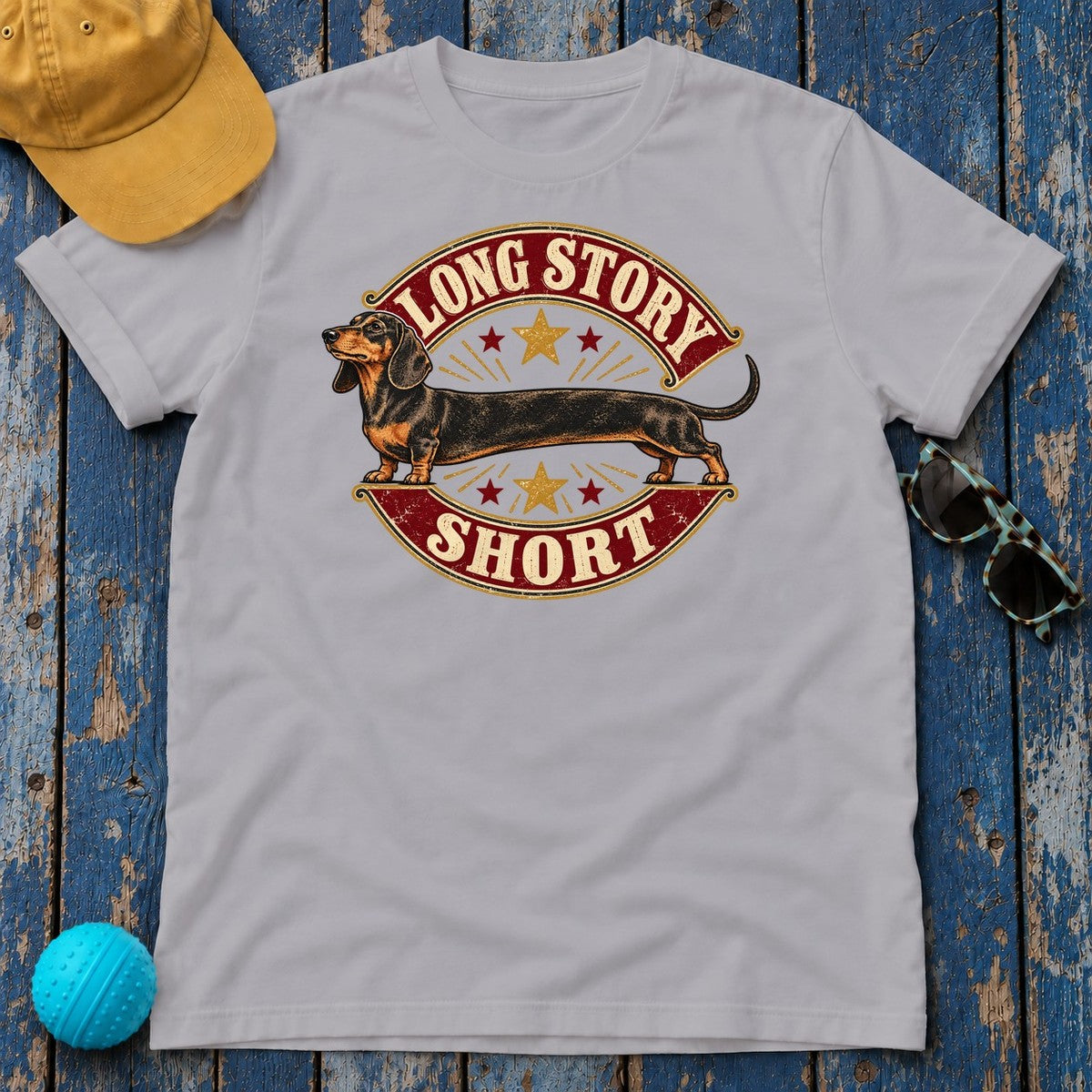 Long Story Short Dachshund T-Shirt in Athletic Heather - flat lay