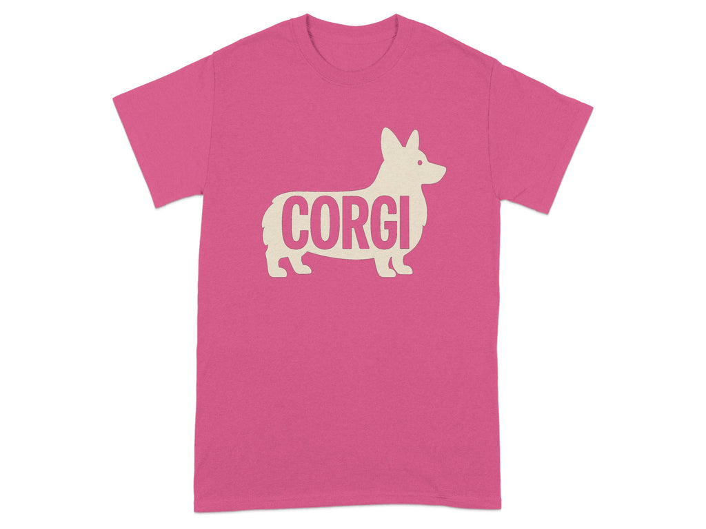 Pink t-shirt with a cream-colored corgi silhouette and the word "CORGI".