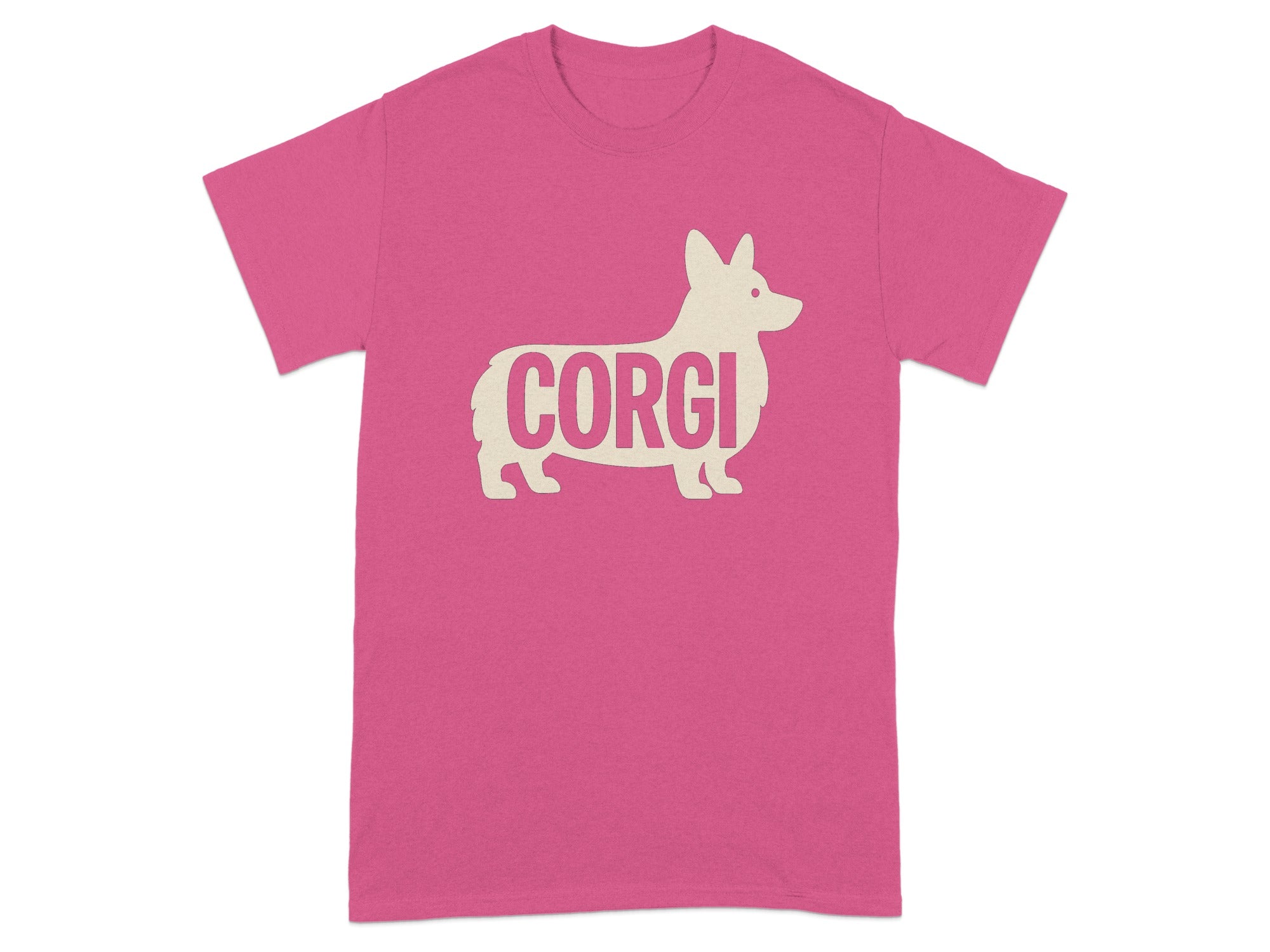 Pink t-shirt with a cream-colored corgi silhouette and the word "CORGI".