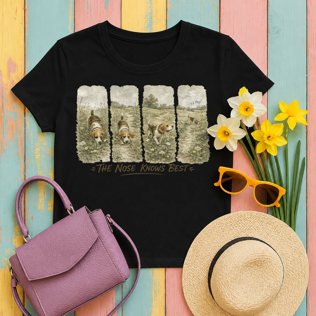 Beagle's Path: A Whimsical Watercolor T-Shirt in Black