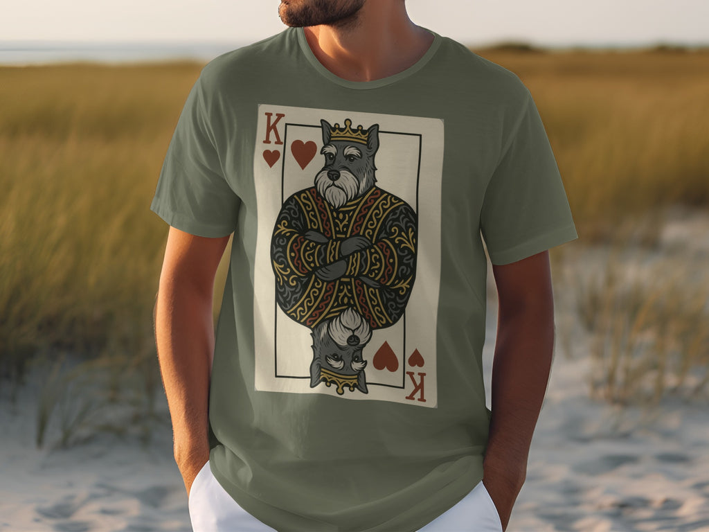 King of Hearts playing card with Schnauzer dog graphic on a green t-shirt.