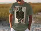 King of Hearts playing card with Schnauzer dog graphic on a green t-shirt.