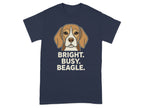Dark blue t-shirt with Beagle illustration and text "BRIGHT. BUSY. BEAGLE."