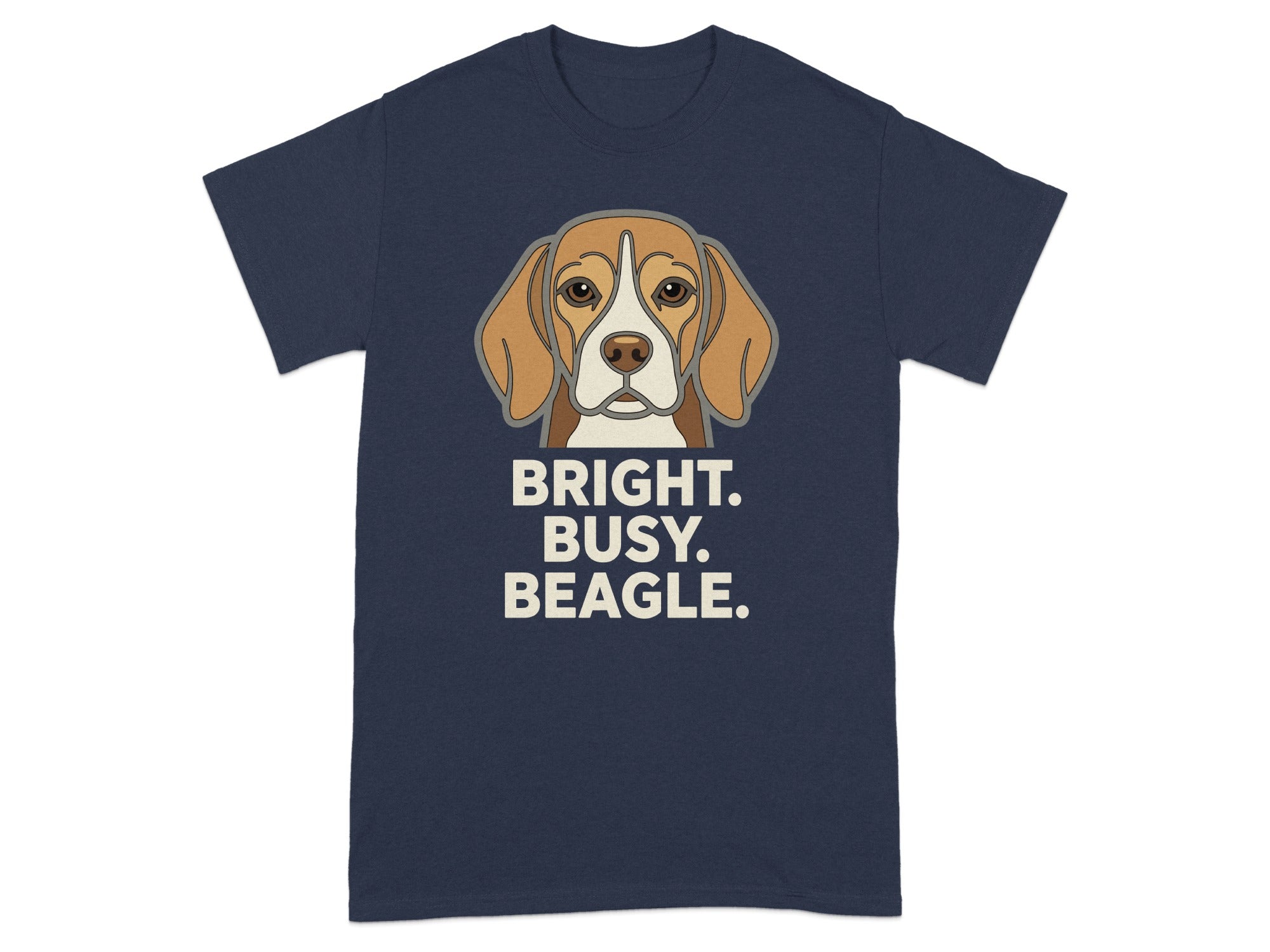 Dark blue t-shirt with Beagle illustration and text "BRIGHT. BUSY. BEAGLE."