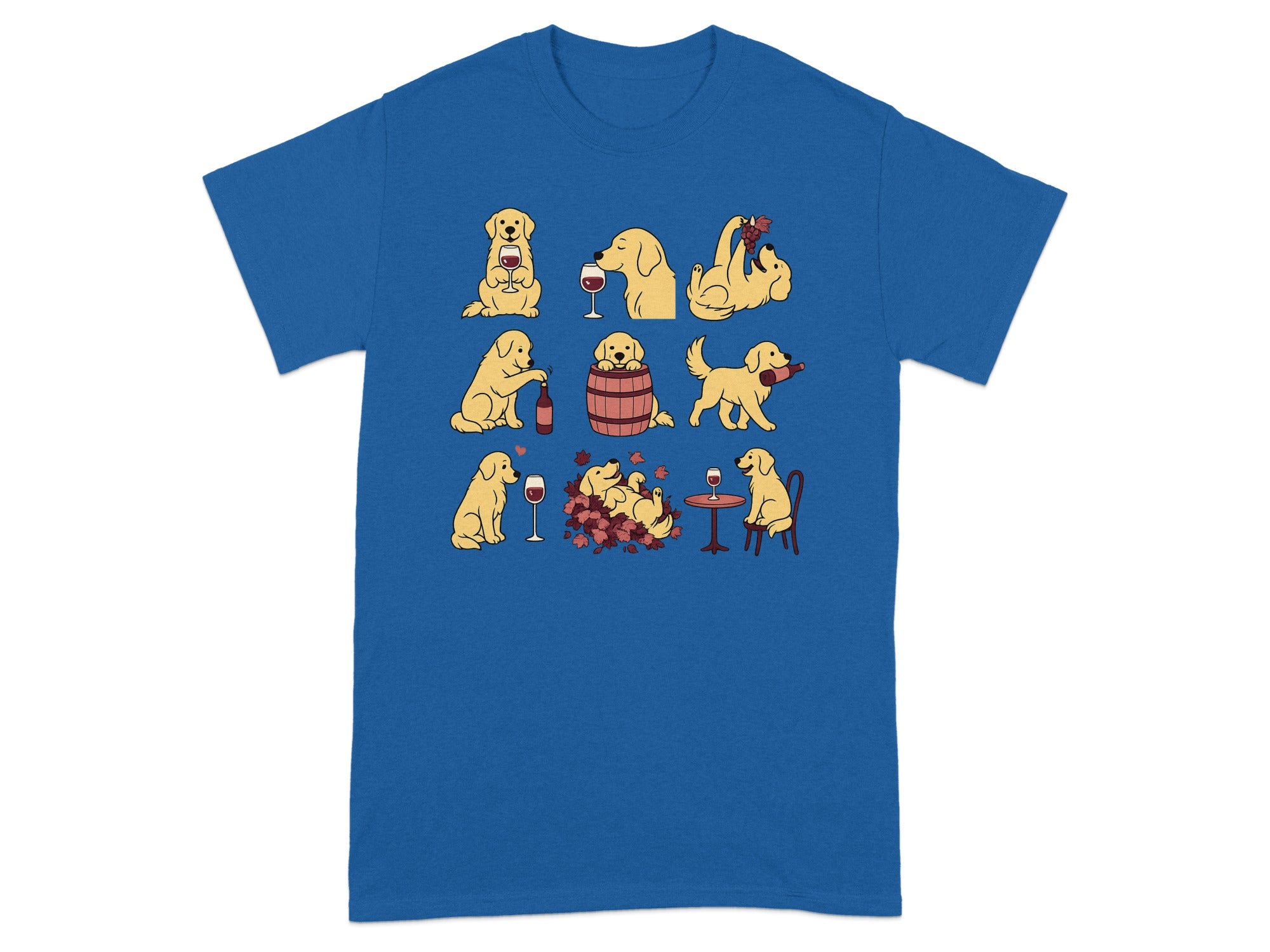 Golden retrievers enjoying wine and grapes in various whimsical poses.