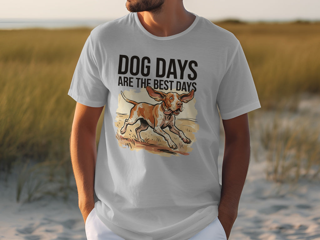 White t-shirt with illustration of a running dog and text "DOG DAYS ARE THE BEST DAYS".