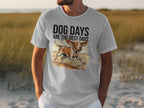 White t-shirt with illustration of a running dog and text "DOG DAYS ARE THE BEST DAYS".