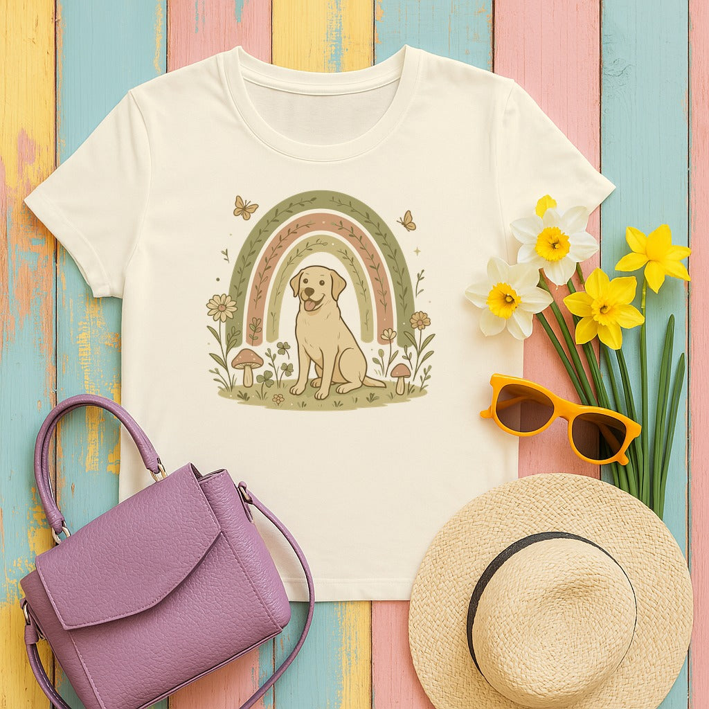 Adorable Labrador in Garden with Rainbow Graphic T-Shirt in Natural
