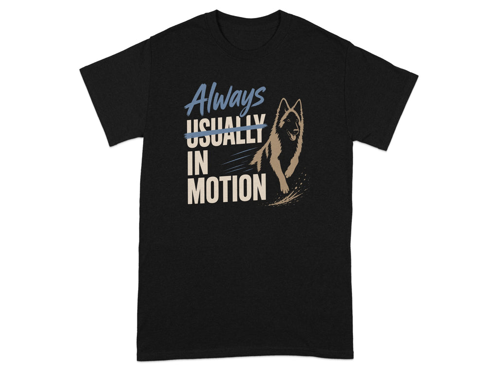 Black t-shirt with "Always Usually In Motion" text and dog graphic.