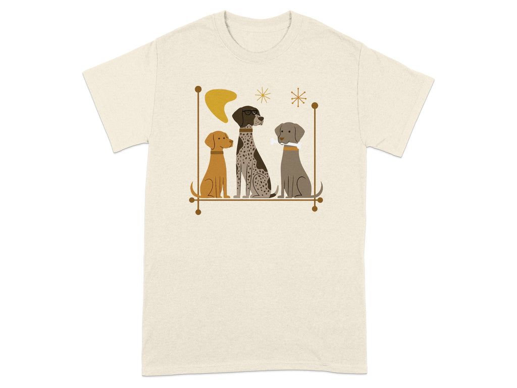 Three dogs, a tan Pointer and two greyhounds, seated with abstract shapes.