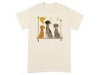 Three dogs, a tan Pointer and two greyhounds, seated with abstract shapes.