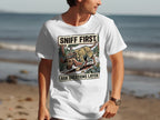 White t-shirt with "SNIFF FIRST ASK QUESTIONS LATER" graphic featuring a cartoon dog.