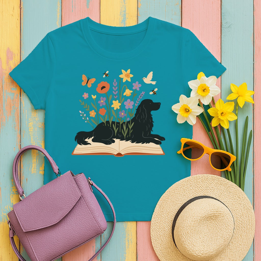 Gordon Setter Resting on Book Amidst Blooms Garden Art T-Shirt in Tropical Blue