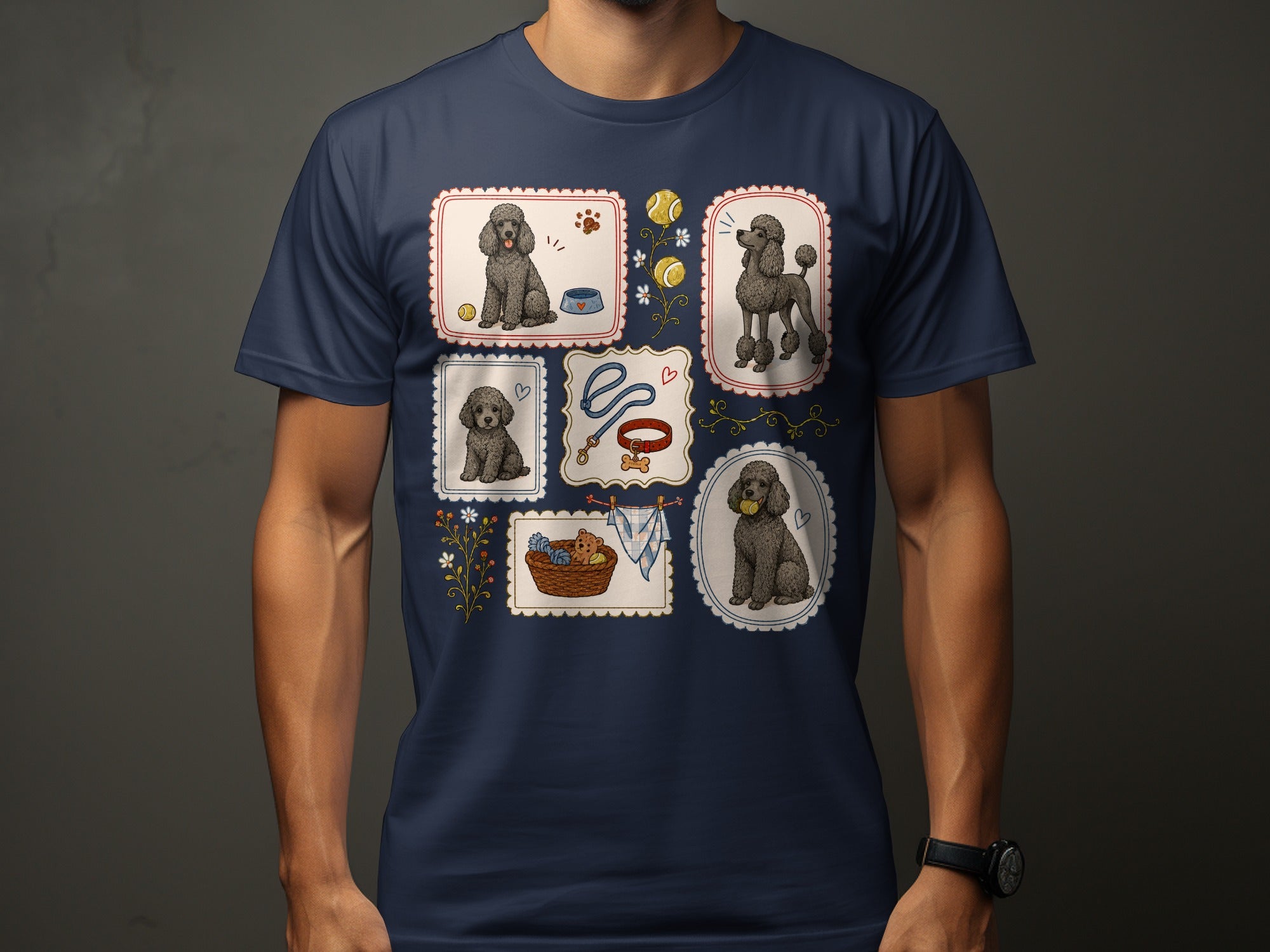 Framed illustrations of poodles and dog accessories on a dark blue t-shirt.