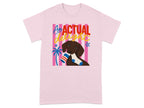Pink t-shirt with dachshund holding striped sock and "An Actual Delight" text.