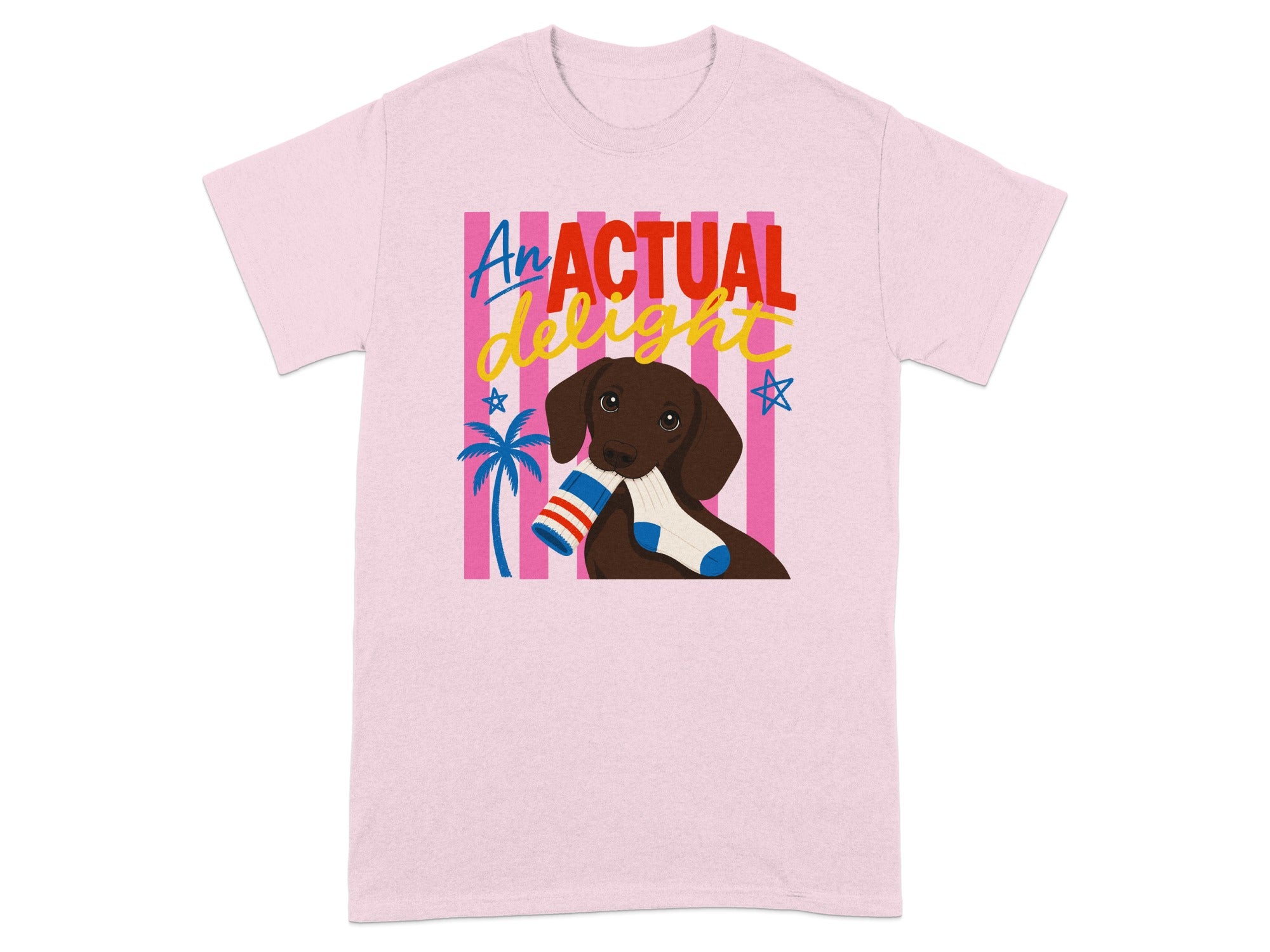 Pink t-shirt with dachshund holding striped sock and "An Actual Delight" text.