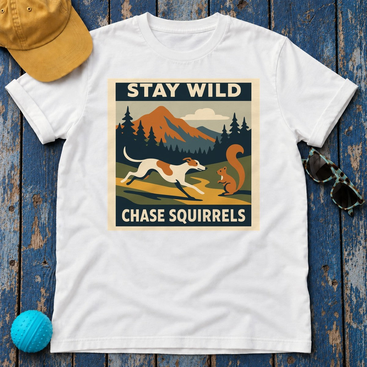 Greyhound Stay Wild Chase Squirrels Tee in White